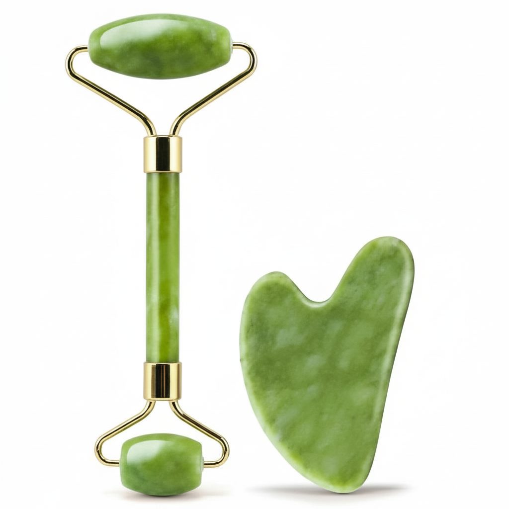 Rolo Pedra de Jade Massageador + Placa Gua Sha Anti Estresse